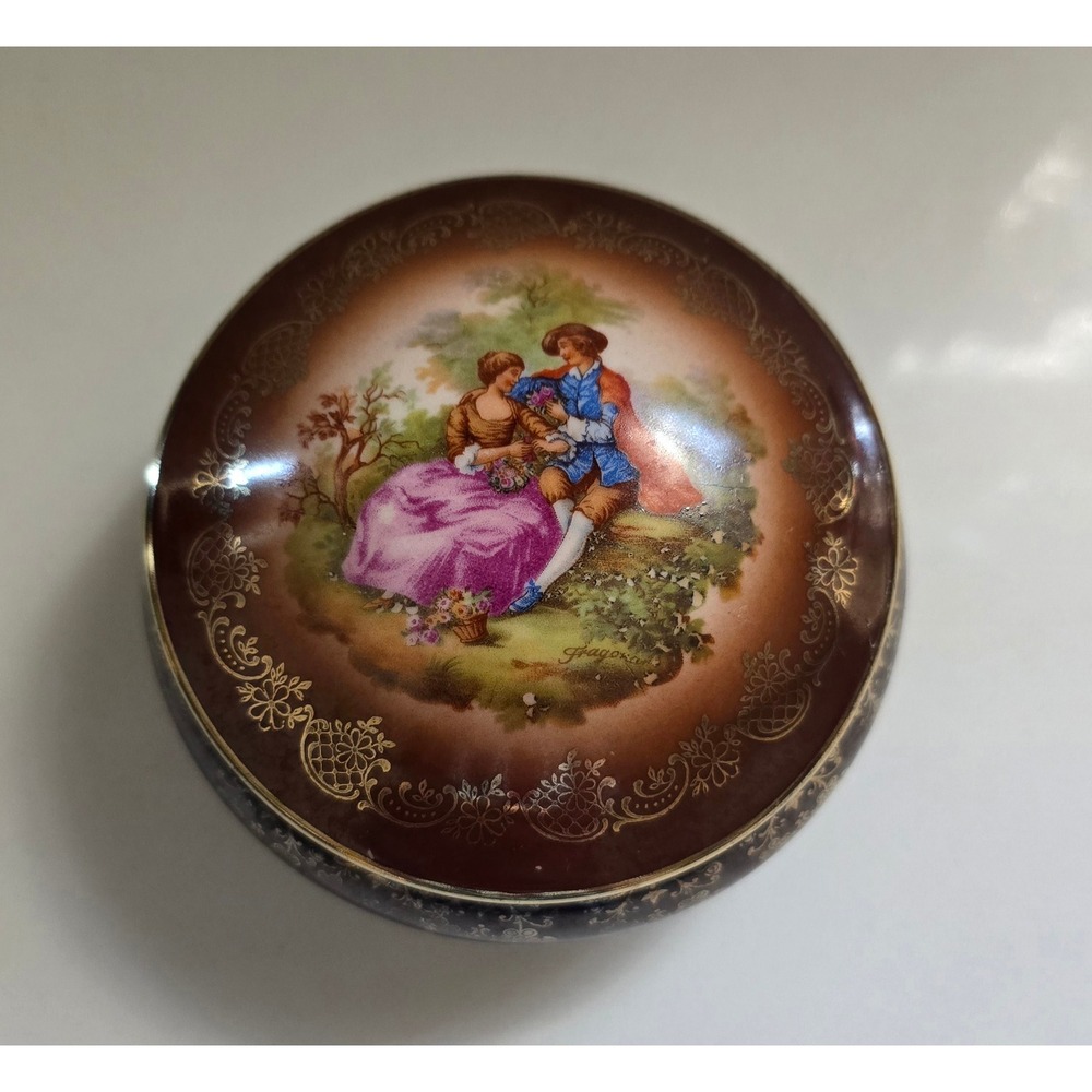 Vintage Fragonard Style Porcelain Trinket Box Courting Couple Gold Filigree Jar